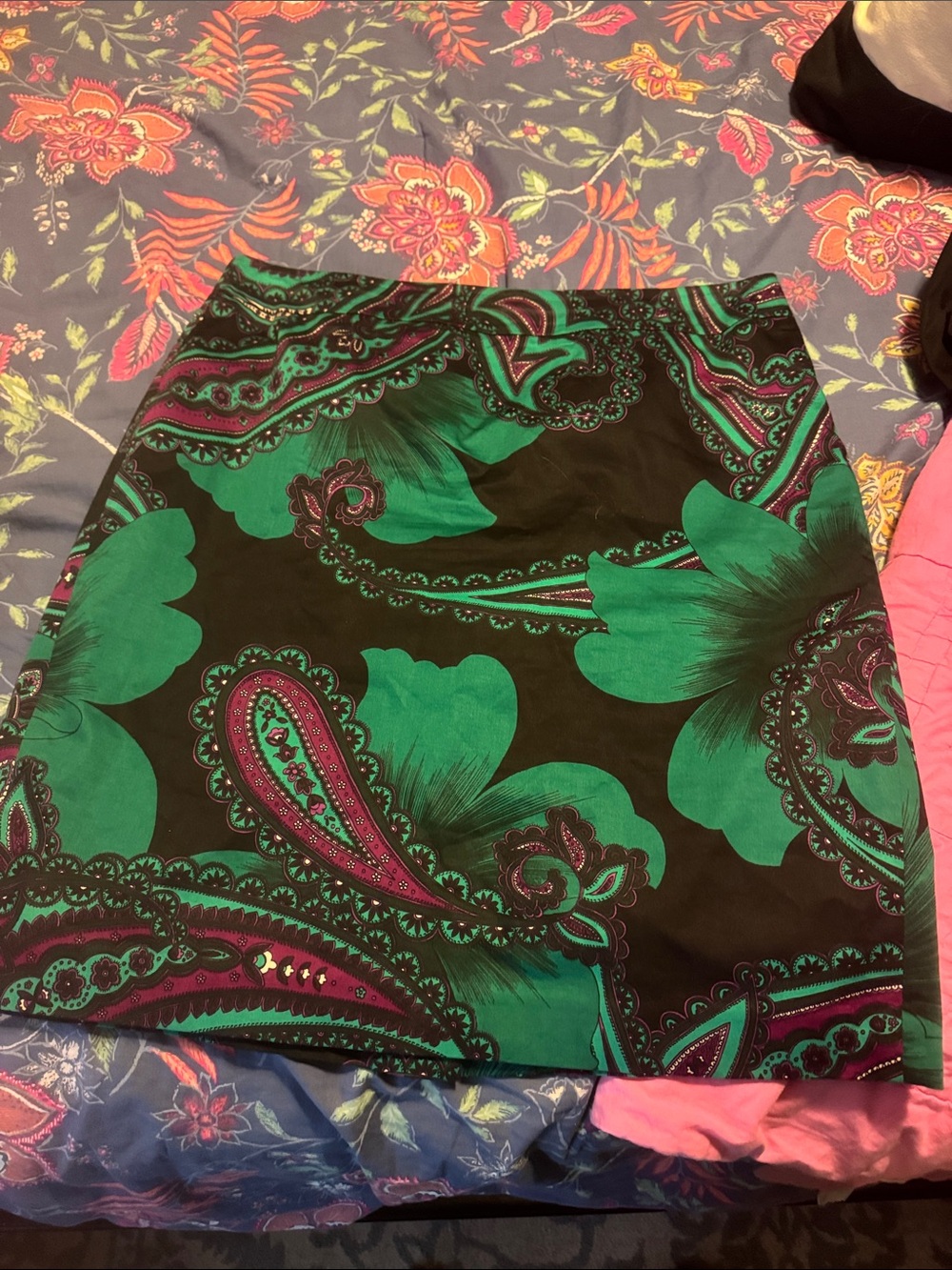 Ann Taylor Black Mini Skirt with Green and Pink Paisley Print
